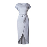 6 Color Casual Round Neck Sashes Wrap Short Sleeve Belt Irregular Vintage Midi Dress