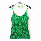 Summer Sexy Women Clubwear Bling Raves Festival Spaghetti Strap Tank Top Simple V-Neck Backless Camisole Sequin Top Camis