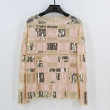 Embellished Sequin Beaded Lace Mesh Check Shirt Embroidery Long Sleeve Plaid Blouse Top Tunic See-Through Camisa Mujer