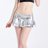 Women Shiny Metallic Pleated Mini Ruffle A-line Skirt Pole Dance Mini Laser Wet Look Skirt Jazz Hip Hop Clubwear