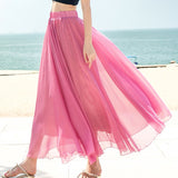 Women Bohemian Chiffon Long Solid Beach Elegant Boho Maxi High Waist Elastic Skirts