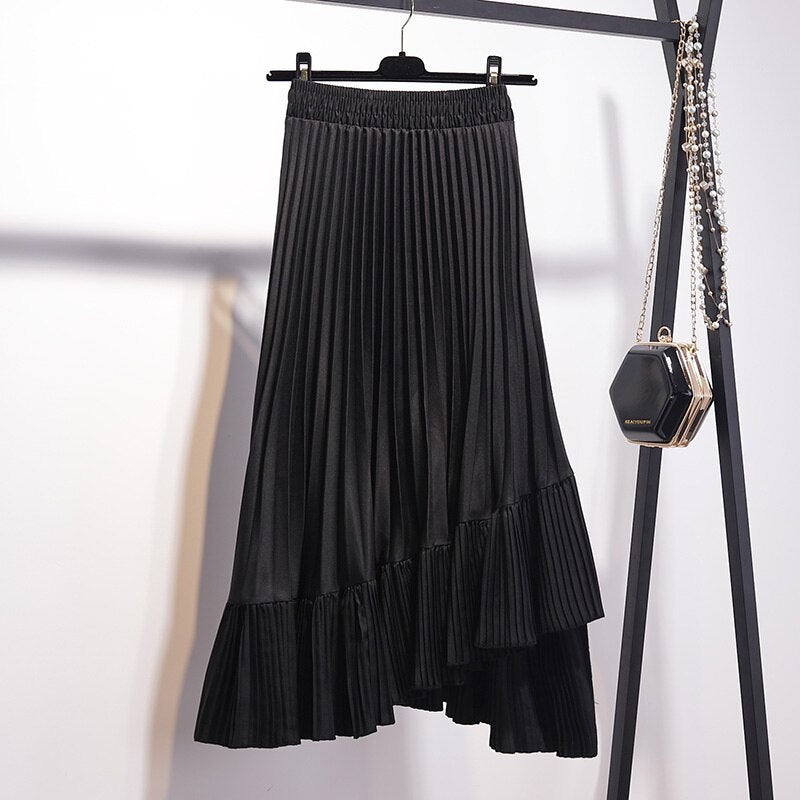 Women High Street Fashion Irregular Elastic High Waist A Line Asymmetrical Midi Pleated Skirt