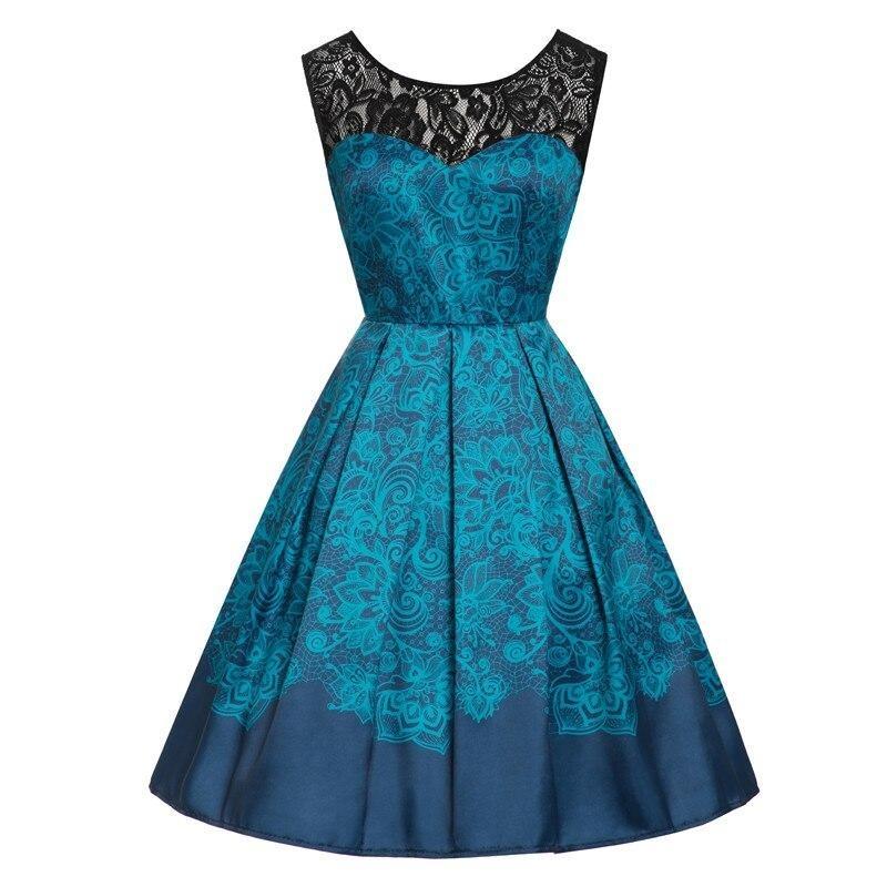 Blue Floral Print Contrast Lace Sweetheart Vintage Backless Party Pleated Rockabilly Summer Dress