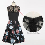 Black Floral Print Contrast Lace Sweetheart Sleeveless A Line Party Elegant Skater Vintage Dress