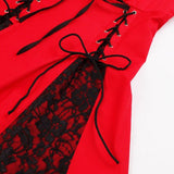 Lace Contrast Tunic Gothic Party Rockabilly Women Ruched Bust Tie Front Lace Up Red Vintage Dress