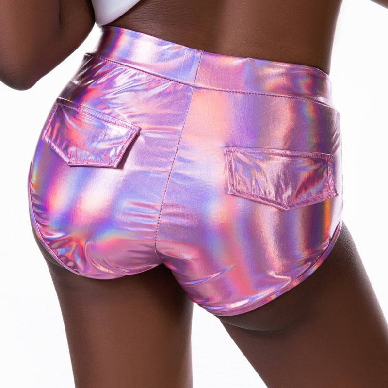 Shiny Sexy Holographic Shorts with Pockets Night Club Laser Metallic Wet Look Booty Party Raves Festival Slim Shorts