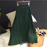 Summer Women Vintage Long Solid Elastic High Waist Party Casual Maxi Pleated Skirt