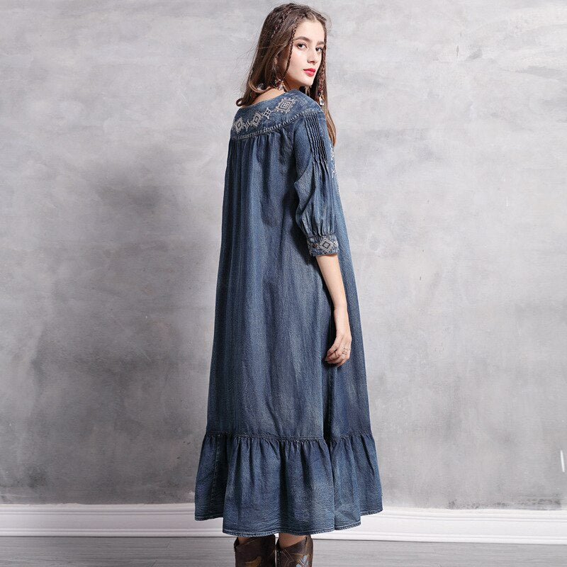 Vintage Embroidery Half Sleeve Cotton Denim Blouses Loose Style Women Long Summer Maxi Dress