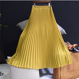 Summer Women Vintage Long Solid Elastic High Waist Party Casual Maxi Pleated Skirt