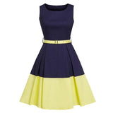 Navy Blue and Yellow Color-block Vintage Retro Belted Slim Fit Pocket Office Ladies Pleated Cotton Dress