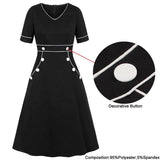 Black Double Breasted A Line High Waist Casual Short Sleeve Elegant Spring Autumn Slim Dress