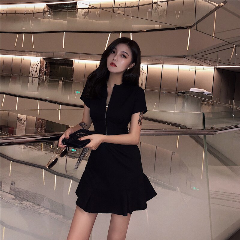 Women's Lovely Dresses Chic Ins Kawaii Ruffled Vintage Zip Short Sleeve Dress Girl Sweet Korean Punk Clothes For Women Shirt