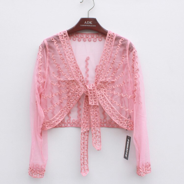 Summer Lace Bolero Coat Shrug Long Sleeve Short Thin Crochet Embroidery Striped Shawl Cardigan With Belt
