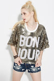 BON JOUR Hip Hop Street Dance Jazz Pub Bars Costumes Loose Oversized Letter Sequins Paillette Boxy T-Shirt Top Tee