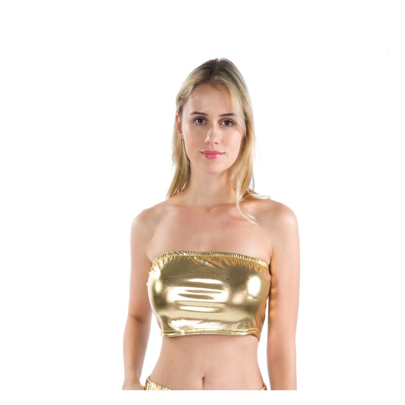 Metallic Strapless Bandeau Tube Crop Tops Shiny Stretchy Rave Festival Holographic Tank Top Bra Clubwear