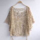 Summer Casual Loose Women Batwing Sleeve Ribbon Cord Embroidery Lace Poncho Vintage Sheer Femme Cloak Jacket Coat