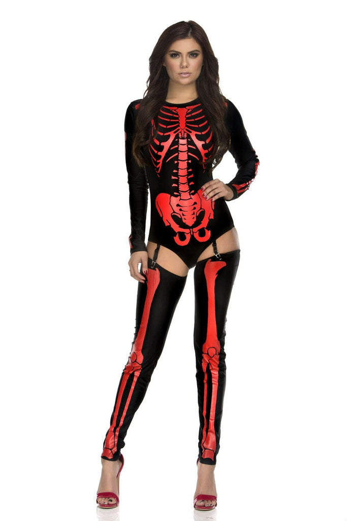 Women Skeleton Pattern Tight Bodysuit Long Sleeve Jumpsuit Halloween Party Horror Costume Funny Demon Skull Cosplay Outfit