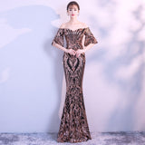 New Flare Sleeve Black Gold Heavy Sequins Evening Dress Boat Neck Formal Evening Party Dress