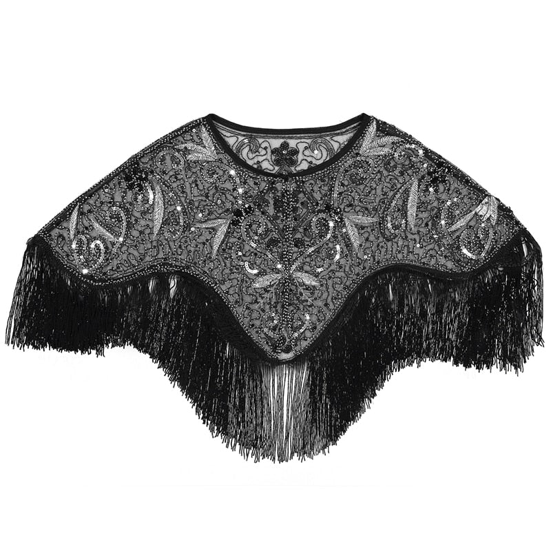 Women 1920s Flapper Embroidery Fringe Shawl Cover Up Gatsby Party Beaded Sequin Cape Vintage Mesh Scraf Wraps for Dresses