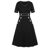 Black Double Breasted A Line High Waist Casual Short Sleeve Elegant Spring Autumn Slim Dress