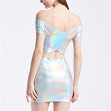 Women Skinny Shiny Laser Holographic Mini Hollow Out Patchwork Low Cut Dresses