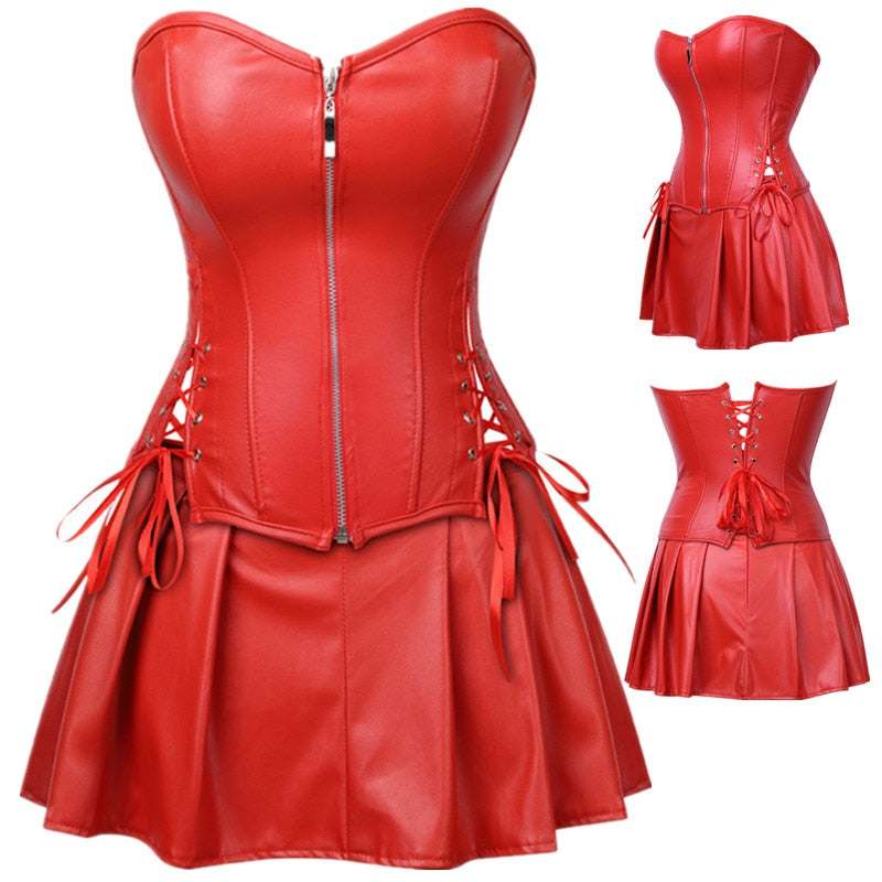 Sexy Women Faux Leather Front Zipper Gothic Corset Dress Plus Size Steampunk Overbust Corset with Mini Skirt