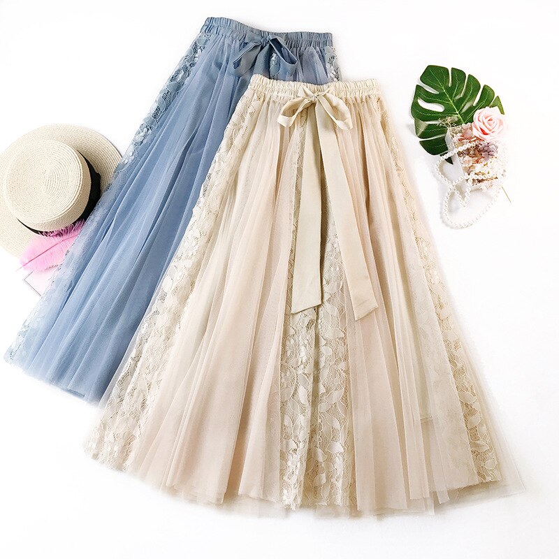 Mesh Women Summer Lace Long Tutu Lace-up High Waist Sweet Fairy Ladies Skirt Girl Outwear