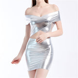 Women Skinny Shiny Laser Holographic Mini Hollow Out Patchwork Low Cut Dresses