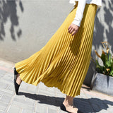 Summer Women Vintage Long Solid Elastic High Waist Party Casual Maxi Pleated Skirt