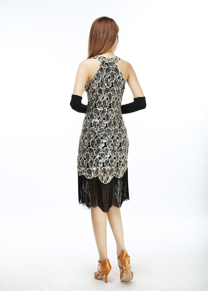 1920s Sequin Paisley Pattern Sleeveless Racer Back Flapper Black Gold Fringe Great Gatsby Party Dress