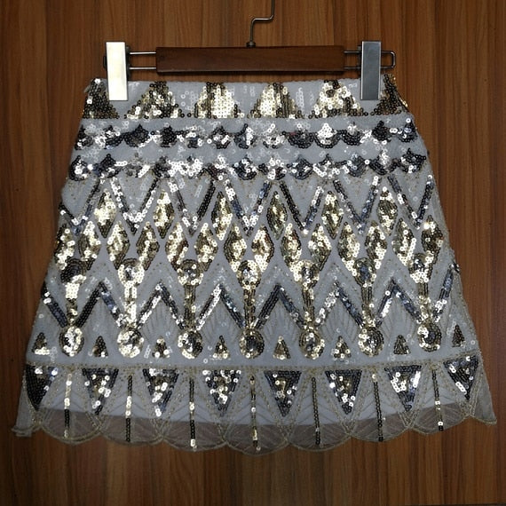 Luxurious Designer Baroque Stunning Embroidery Sequined Beaded Mini Skirt Vintage Scalloped Hem Pencil Skirt