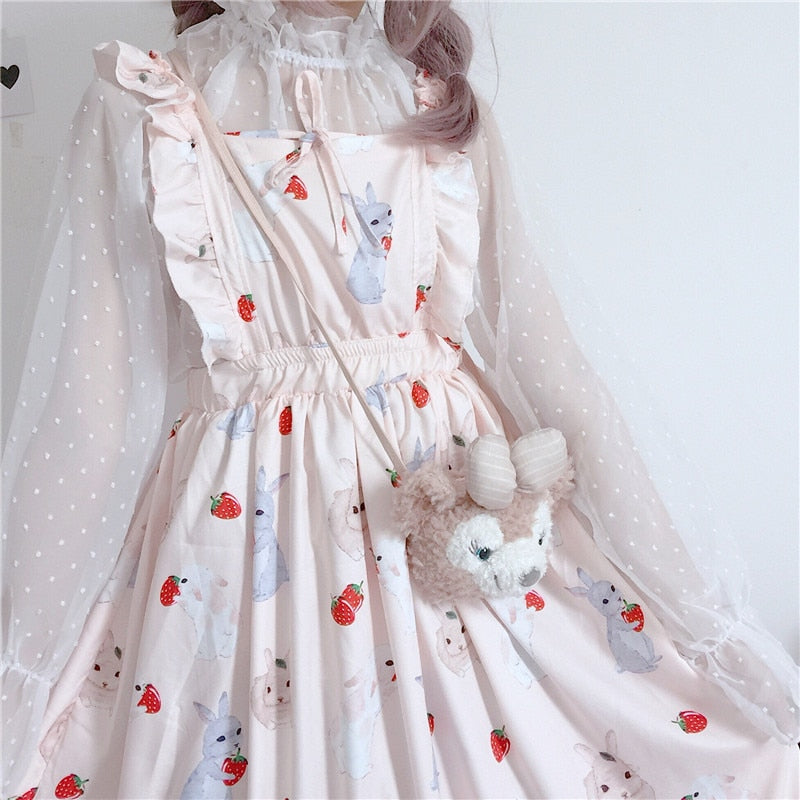 Women's Dresses Chic Lady Kawaii Ulzzang Strawberry Rabbit Cute Strap Dress Female Ins Vintage Harajuku Dress For Women Casual