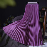 Summer Women Vintage Long Solid Elastic High Waist Party Casual Maxi Pleated Skirt