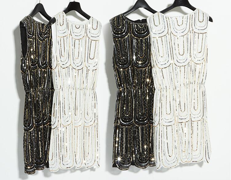 Luxury Embroidery Sleeveless Elastic Waist Vintage Chiffon Mini Party Dress 1920s Beaded Sequin Little Black Dress