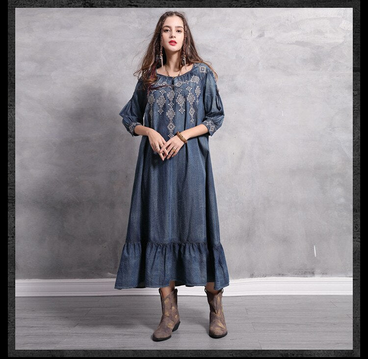 Vintage Embroidery Half Sleeve Cotton Denim Blouses Loose Style Women Long Summer Maxi Dress