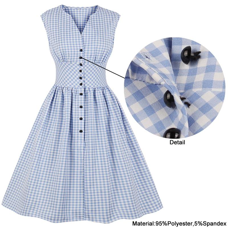 Gingham Print Single Breasted Blue Summer High Waist Vintage Tunic Pleated Plaid Casual Dress