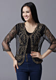 Retro 1920s Women Party Cardigans V Neck 3/4 Sleeve Embroidery Lace Mesh See-Through Thin Casual Diamond Shawl Jacket Coat