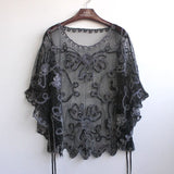 Summer Casual Loose Oversized Thin Mesh Embroidery Floral Batwing Cloak Cape See-Through Lace Poncho Jacket Feminino