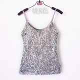 Summer Sexy Women Clubwear Bling Raves Festival Spaghetti Strap Tank Top Simple V-Neck Backless Camisole Sequin Top Camis