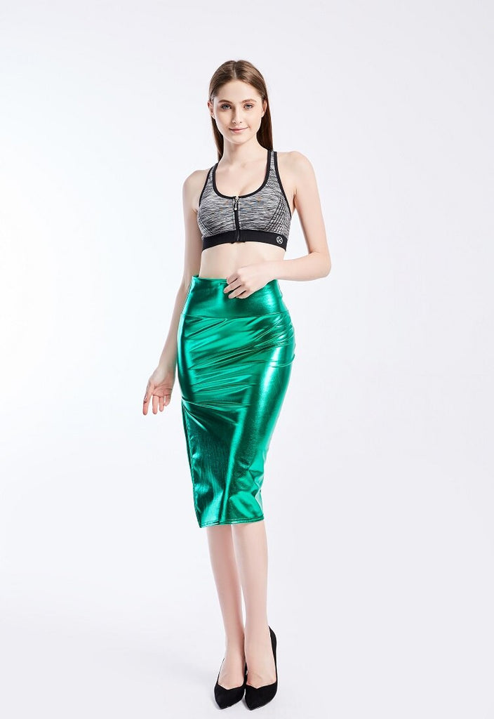 Summer Holographic Thigh Splits Bodycon Midi Skirt Sexy Metallic Wet L –  dailyfashionlove