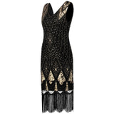 1920s Charleston Inspired Sequin Fringe Flapper Beaded Art Deco Dress V-Neck Sleeveless Long Party Costume