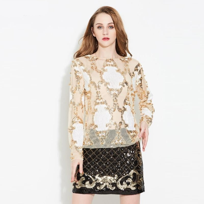 Luxury Designer See-Through Lace Shirt Top Long Sleeve Heavy Beaded Diamond Embroidery Sequined Blouse Mujer