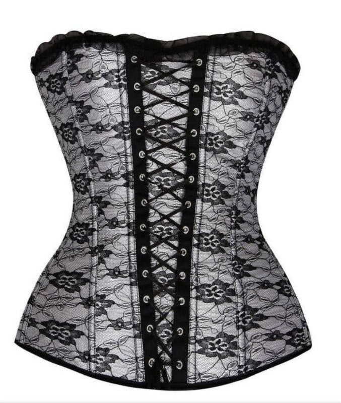 Sexy Gothic Lace Cover Lace up Boned Overbust Corset and Bustier Lingerie Zipper Side Top Body Shaper Plus Size S-2XL