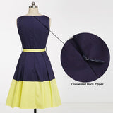 Navy Blue and Yellow Color-block Vintage Retro Belted Slim Fit Pocket Office Ladies Pleated Cotton Dress