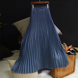 Summer Women Vintage Long Solid Elastic High Waist Party Casual Maxi Pleated Skirt