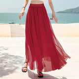 Women Bohemian Chiffon Long Solid Beach Elegant Boho Maxi High Waist Elastic Skirts