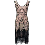 Women 1920s Flapper Art Deco Great Gatsby Dress Vestidos V-Neck Sleeveless Flower Embroidered Tiered Fringe Sequin Dress