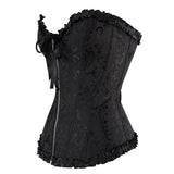 Sexy Front Zipper Floral Corset Satin Overbust Top Sexy Body Shapewear Corselet Jacquard Lace Up Bustier Plus Size S-6XL