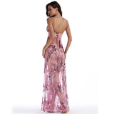 3 Color High Waist Two Split Spaghetti Straps Sequin Long Mesh Double Side Slit Maxi Nightclub Dress