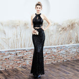 New Halter Neck Elegant Long Sequins Prom Dress Hollow Out Evening Party Dress